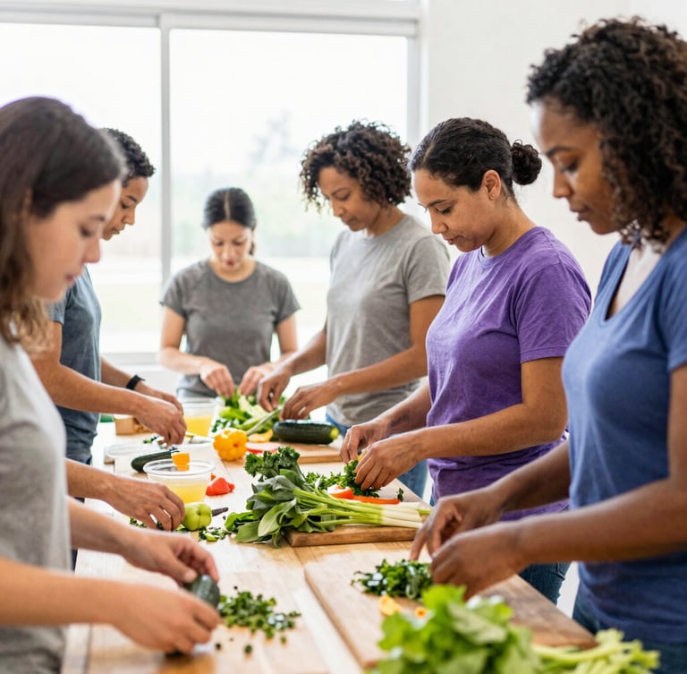 Hands-on nutrition workshop in Indiana, diverse community members learning to prepare fresh vegetables together, soft natural daylight, 35mm