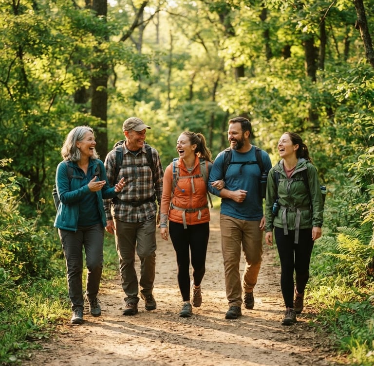 Candid medium shot of an active Indiana walking group laughing together on a sunlit trail in a lush green state park, soft golden-hour light, warm editorial style, 35mm