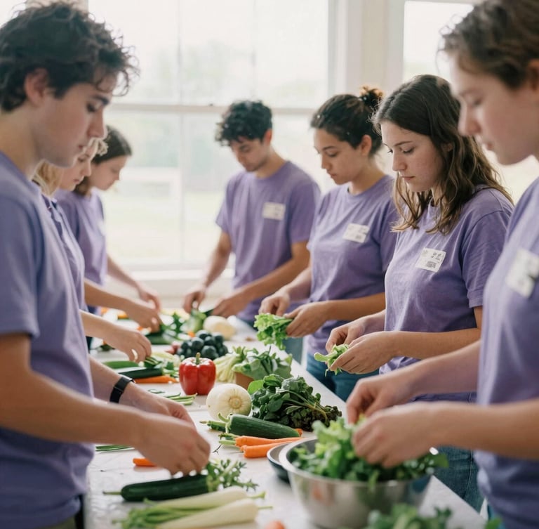 A vibrant community nutrition workshop in Indiana, hands-on cooking demonstration with fresh vegetables, warm natural overcast light, candid, 35mm