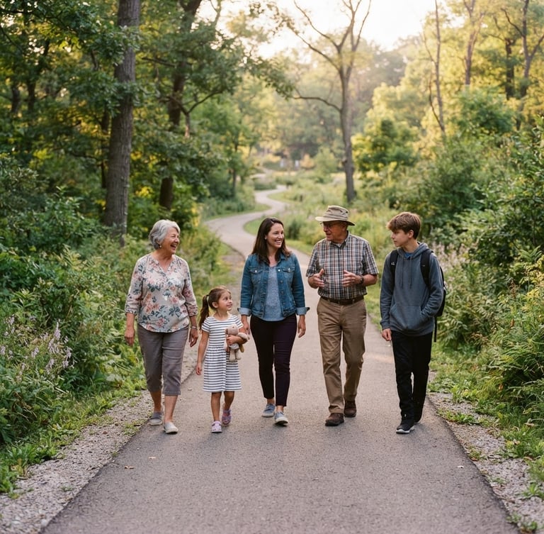 Candid medium shot of an active multi-generational walking group in a lush green Indiana park, warm golden-hour light, soft lavender tones, 35mm