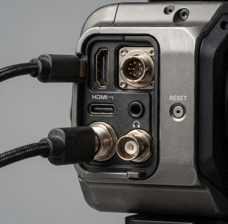 Close-up of physical camera hardware ports and reset button under bright technical studio lighting, 50mm sharp focus