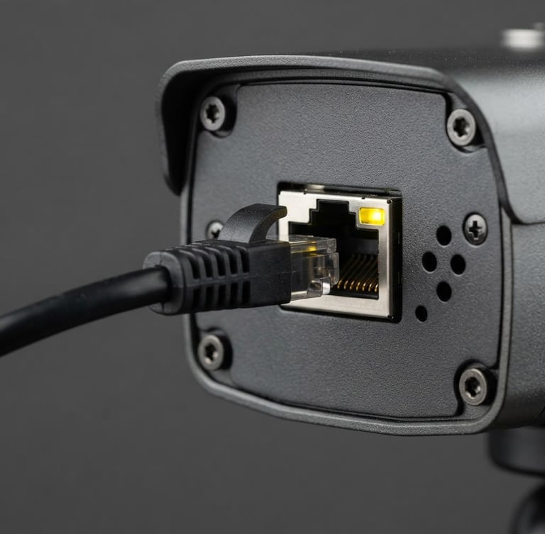 A close-up macro shot of a security camera back panel, showing the ethernet port with a solid yellow indicator light, neutral dark background, clean technical photography, bright even studio lighting