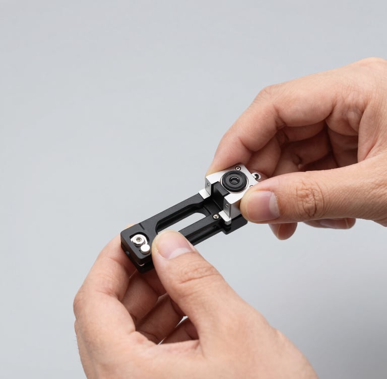 Close-up of hands adjusting a mounting bracket on a clean physical camera hardware, bright utility lighting, sharp focus on hardware details, neutral gray background, 50mm.
