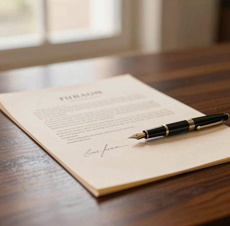 Close-up of signed legal financial documents on a dark espresso wooden desk, warm natural window light, elegant fountain pen, shallow depth of field