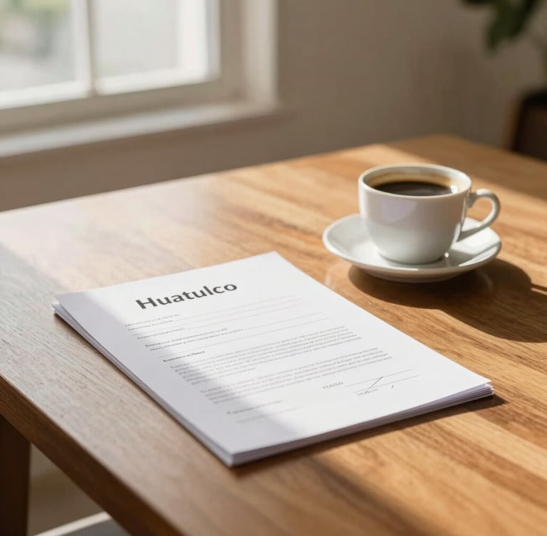 Warm editorial photo of a clean, sunlit meeting room in Huatulco, a wooden table with signed financial documents and a cup of coffee, soft window light, 35mm