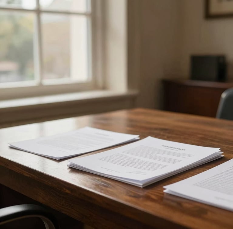Professional meeting space with warm natural window light, an architectural detail of a dark wood desk with signed documents, shallow depth of field, 35mm