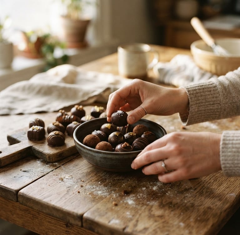 Warm natural side-light on hands arranging artisanal chocolates on a rustic wooden table, cozy home setting, shallow depth of field, 35mm photography