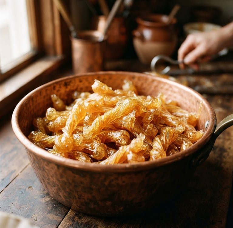 Close-up of golden honey-colored pulled candies in a copper kettle, warm natural side-light, rich earthy tones, shallow depth of field, 35mm