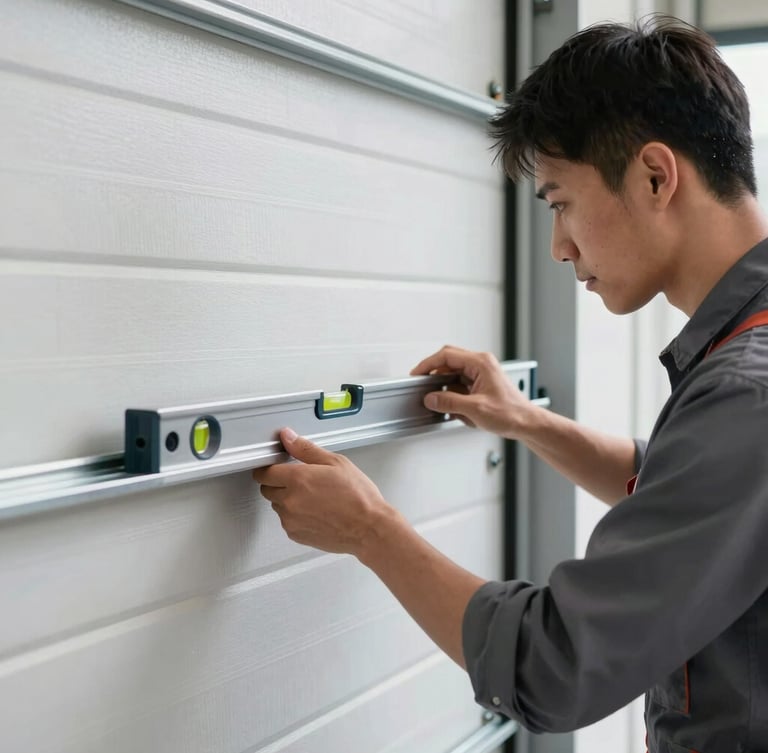 A professional technician aligning a steel garage door track with a level, crisp work-light, realistic industrial tones, 35mm