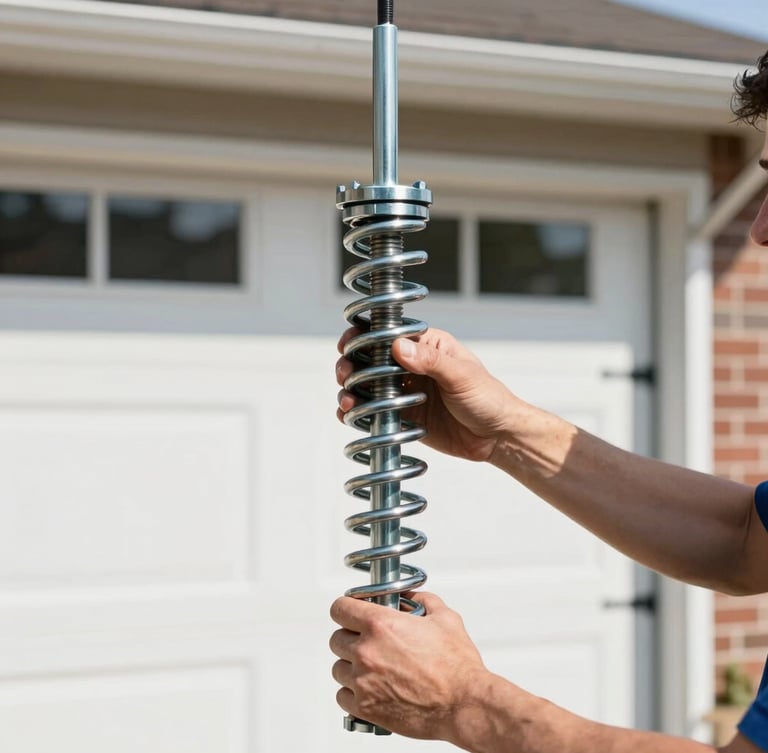 Close-up of a technician installing a heavy-duty steel torsion spring on a residential garage door, bright morning daylight, sharp focus 35mm