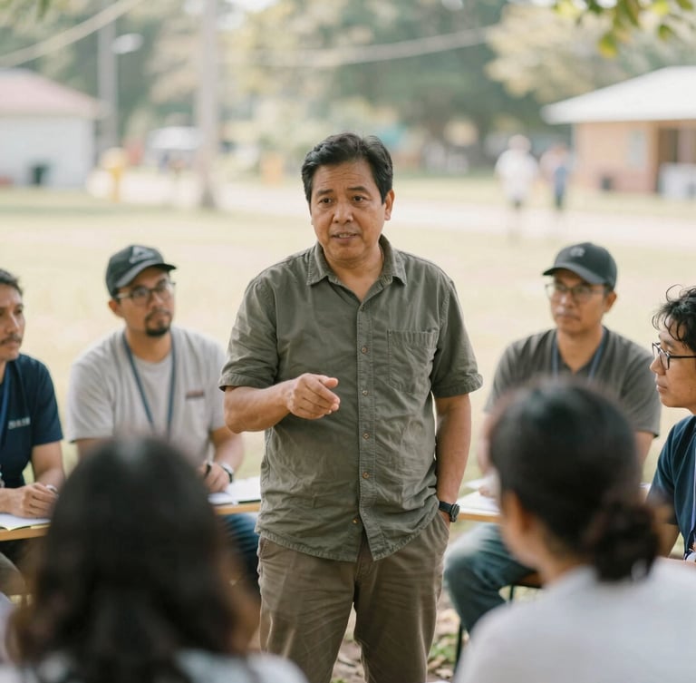 Environmental medium shot of a local community leader guiding a collaborative outdoor workshop, warm natural daylight, soft 35mm documentary photography style