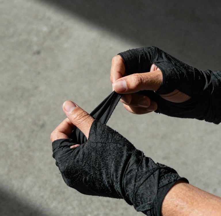 Close-up of hands wrapping in black cotton wraps, high-contrast side-lighting, raw concrete background, 35mm gritty editorial photography.