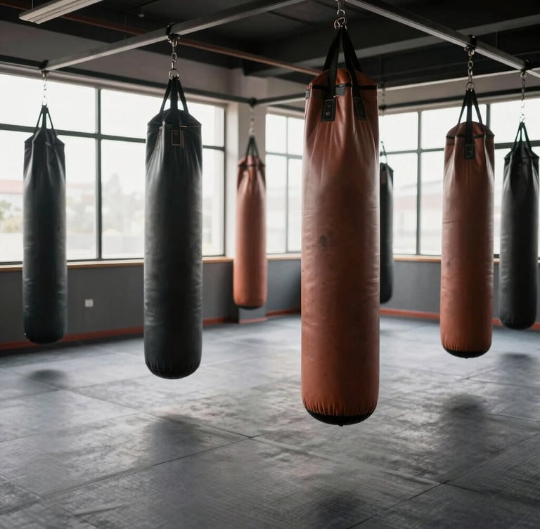 Environmental wide shot of a clean, empty martial arts studio with natural light cutting through high windows hitting heavy bags, gritty editorial, 35mm.