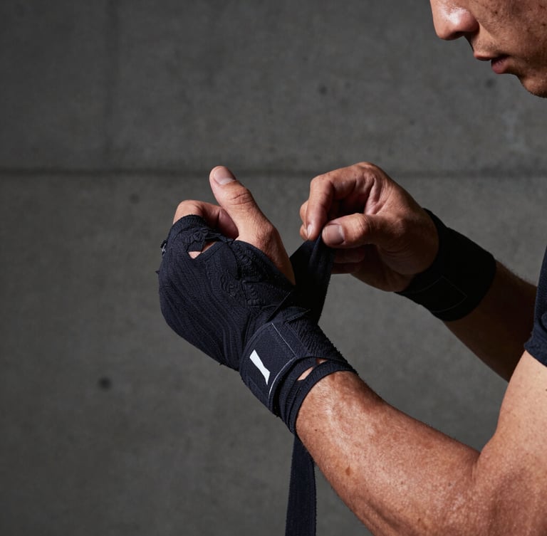 Gritty editorial photography of a focused person tying hand wraps in a high-contrast side-lit concrete studio, sharp focus, 35mm.