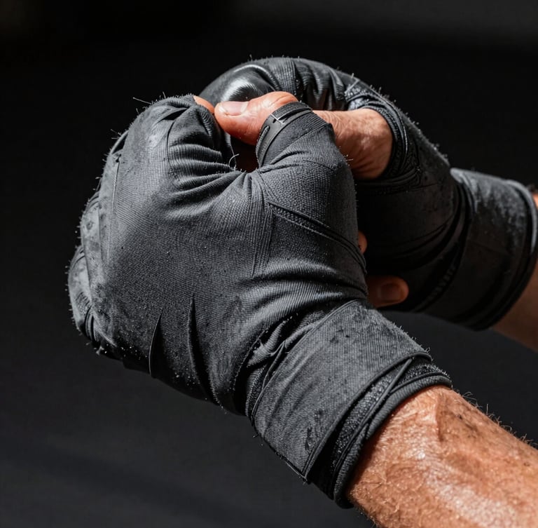 Close-up of hands tightly wrapping charcoal gray hand wraps under high-contrast side-lighting, sharp focus on texture, gritty editorial photography style, 35mm.