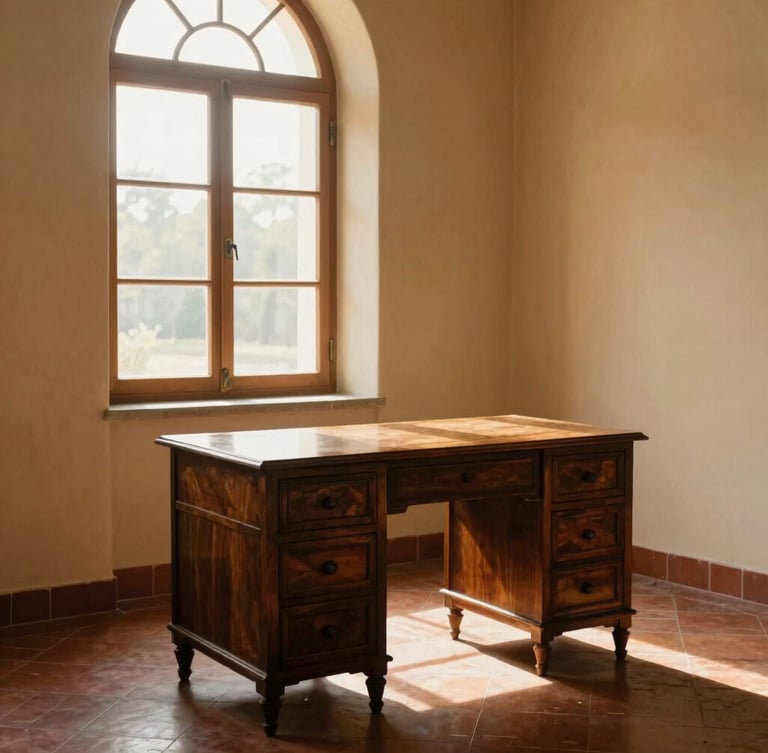 Medium shot of a colonial writing desk made of dark walnut wood, placed next to a high arched window, soft morning light illuminating hand-plastered walls and terracotta floor, warm editorial style