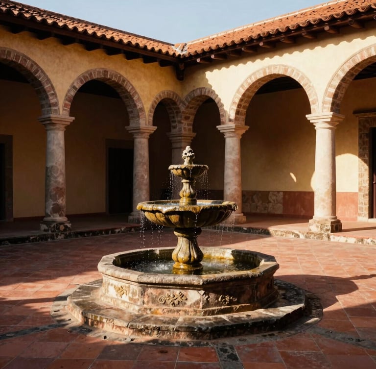Warm editorial photography of a sun-drenched central courtyard in Antigua, a stone fountain trickling, dramatic colonnade shadows, terracotta tiles, volcanic stone walls.