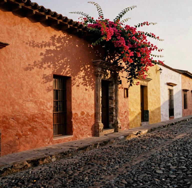 Warm editorial photography of a quiet cobblestone street in Antigua Guatemala during golden hour, terracotta walls with bougainvillea, soft shadows, medium format film