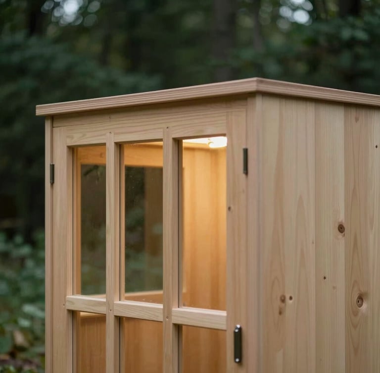 Architectural shot of Kabin Modular flat-pack packaging, clean lines, warm birch plywood against a deep forest green backdrop, natural window light, 35mm lens.