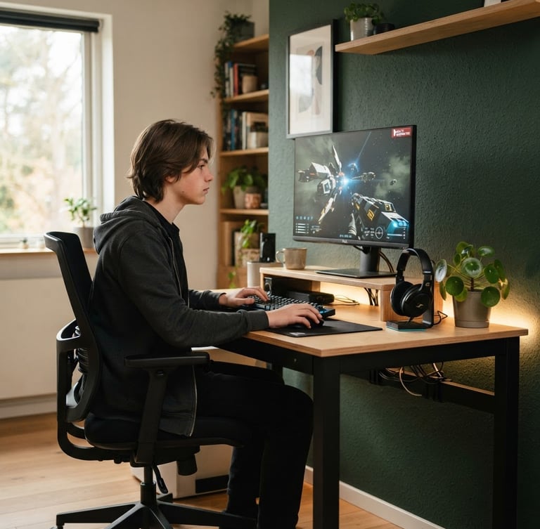 Teenager focused on a gaming monitor at a Scandinavian-modern desk setup, integrated cable management visible, warm LED light from desk, natural window light, matte black steel frame, birch plywood surface, deep forest green wall, eye-level architectural photography.