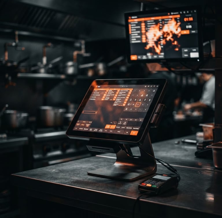 Sleek modern touchscreen POS terminal in a dark, atmospheric restaurant kitchen, kitchen display system glowing in the background, low-key dramatic studio lighting with sharp orange accents, 35mm.