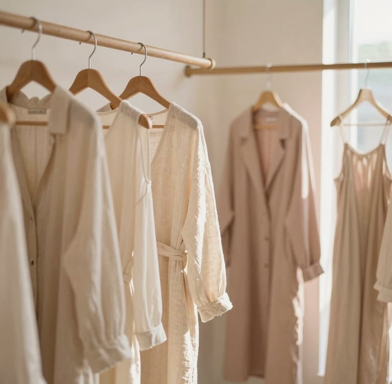 Curated corner of a warm minimalist fashion boutique in Ampang, wooden hangers with cream and soft pink linen garments, diffused morning light