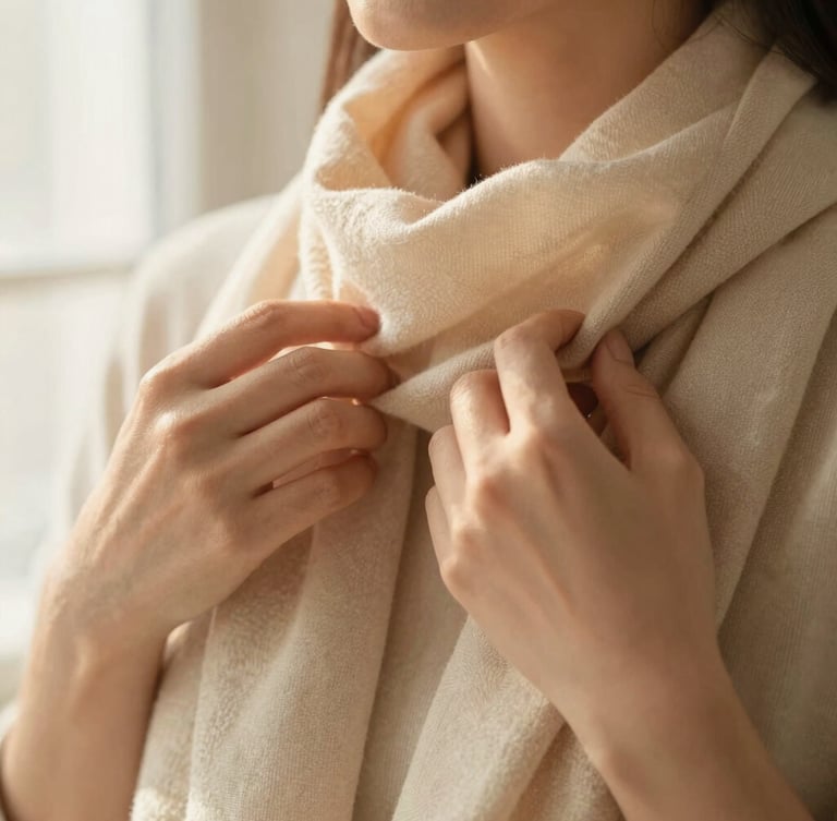 Close-up of a woman's hands gently adjusting a soft beige cotton scarf, focusing on the fine weave and delicate texture, warm diffused golden light.