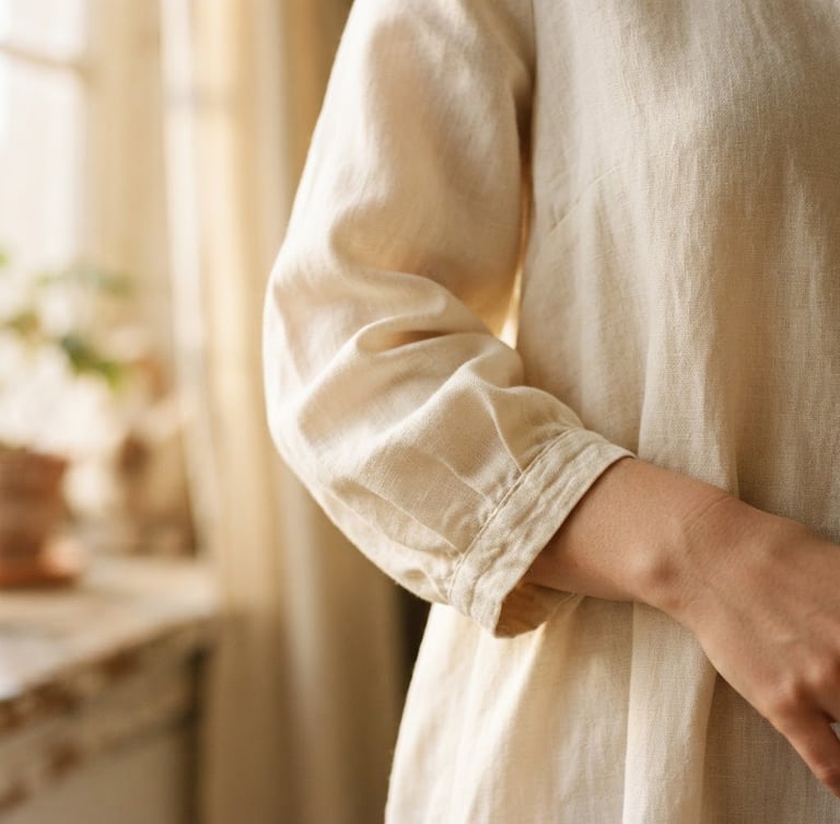 Close up of a softly draped cream linen dress sleeve, warm morning window light casting gentle shadows, editorial fashion photography, 35mm