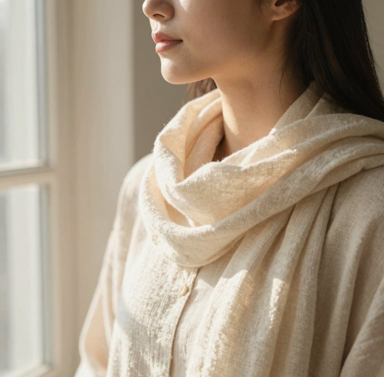 Warm editorial portrait of a woman wearing a softly draped cream-colored linen scarf, looking out a window in gentle morning light.