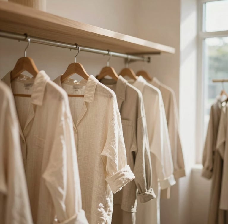 Warm editorial photography of a quiet corner in an Ampang boutique, soft morning light on linen apparel and minimalist wood shelves, shallow depth of field, 35mm
