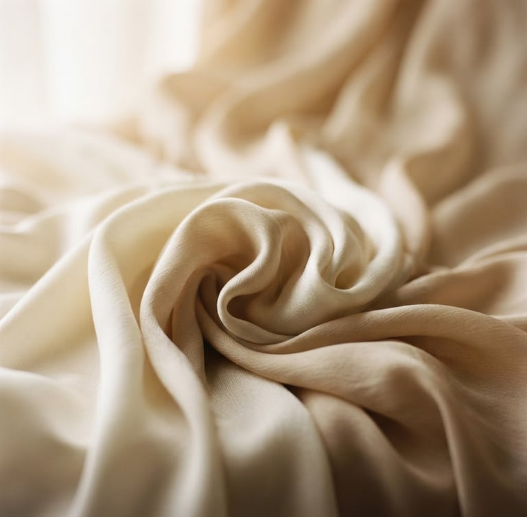 Warm editorial photography of softly draped silk fabric in cream and beige tones, soft morning window light, shallow depth of field, 35mm