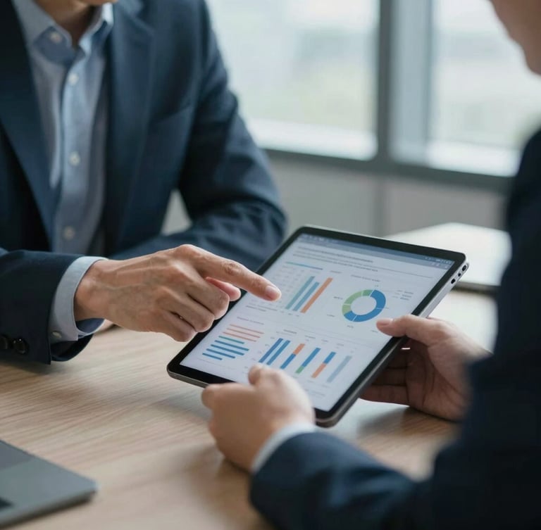 A sophisticated consulting session in a quiet modern office, close-up of hands analyzing data on a tablet screen, natural cool window light, shallow depth of field.