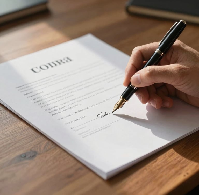 Close-up of a fountain pen signing a clean, official financial contract on a solid wooden desk, natural morning light from the left side.