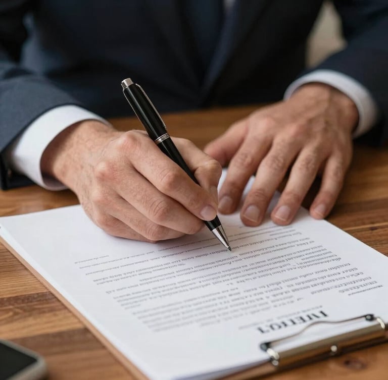 Close-up of professional hands signing a clean financial contract on a wooden desk, natural daylight, sharp focus on the pen and document.
