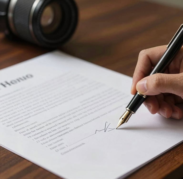 Close-up of a fountain pen signing a clean financial document on a dark wooden desk, soft side lighting