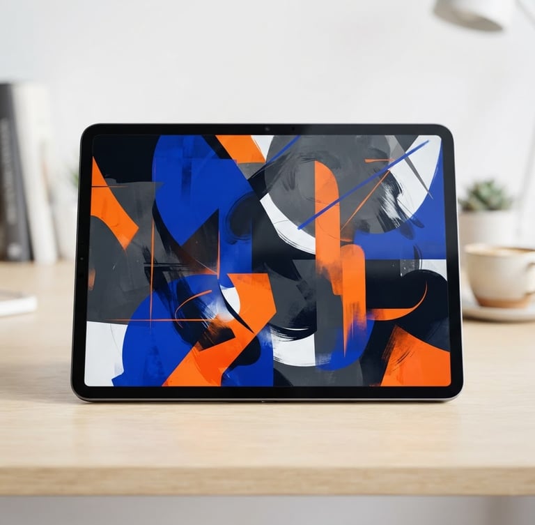 Clean 3D product render of a modern tablet displaying a high-contrast ebook cover with bold typography, bright studio lighting, minimalist workspace background, sharp focus