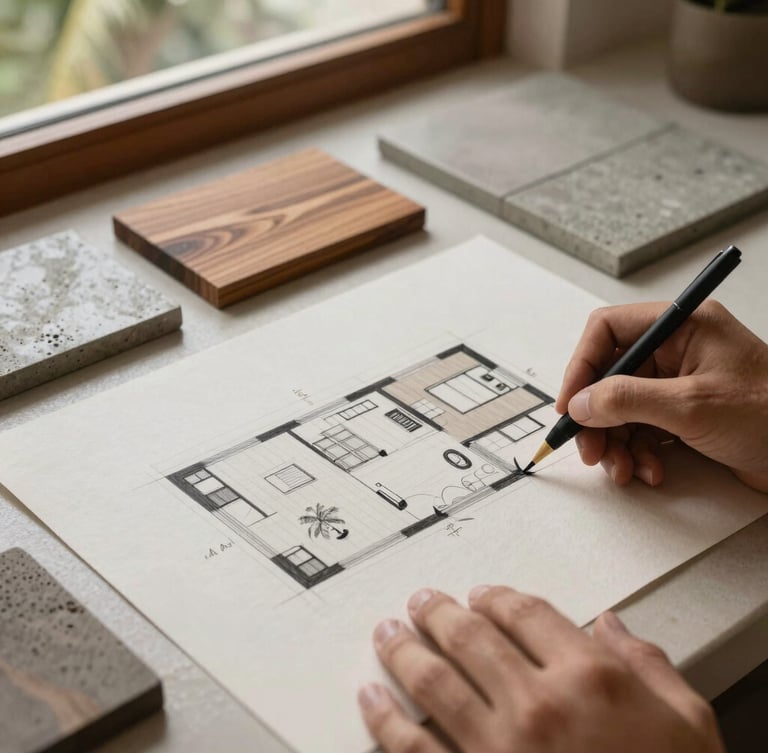 Detail of hands sketching a tropical modernist villa floor plan on textured paper, local Kerala materials like teakwood samples and polished concrete tiles nearby, soft window light, warm tones.