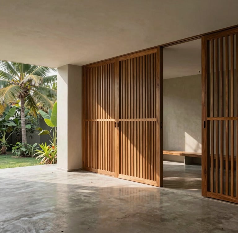 Minimalist Kerala villa interior, soft tropical daylight highlighting custom teakwood partition screens and polished concrete floors, wide-angle architectural shot.