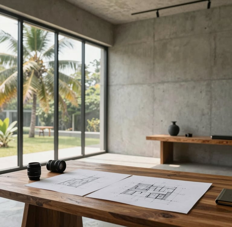 Minimalist portrait of a lead architect in a concrete studio in Kerala, soft tropical daylight streaming through high windows, architectural sketches on a teakwood desk, 35mm lens.