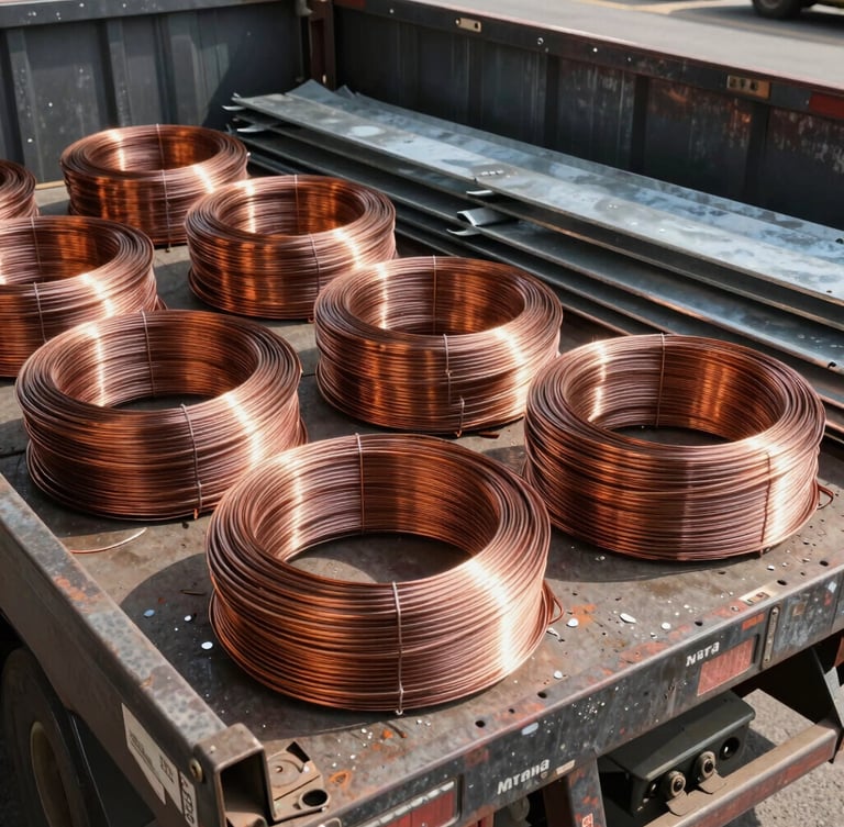 Industrial documentary photography of organized copper wire bundles and heavy metal scrap on a flatbed truck, bright natural daylight, high-contrast metallic textures, 35mm lens.