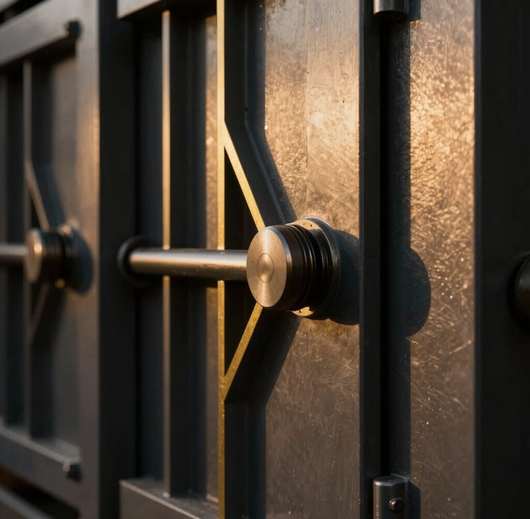 Close-up macro shot of a specialized industrial installation, steel shaft doors with structural gold lines, dramatic lighting, sharp focus