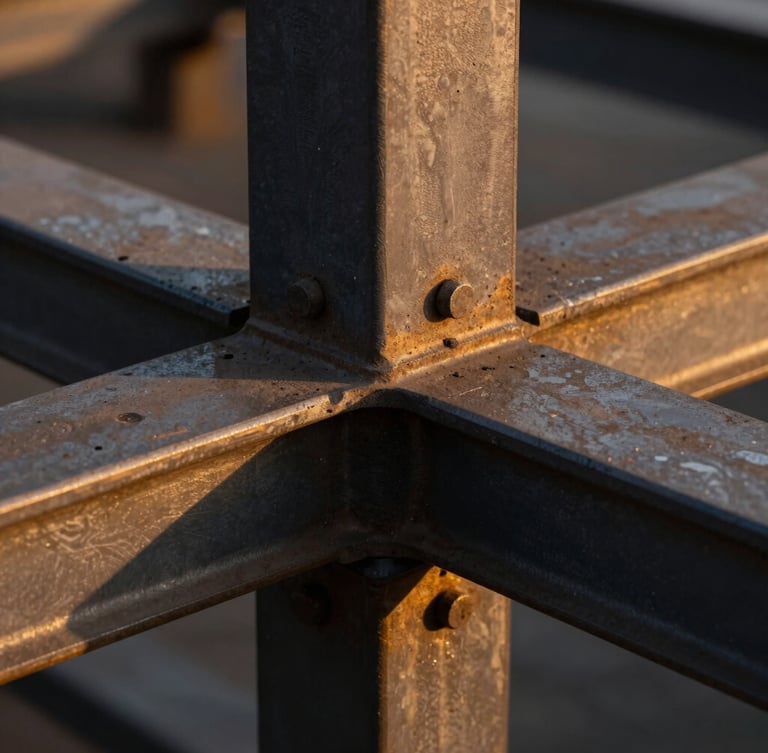 Macro close-up of heavy industrial steel and concrete joints, sharp focus, dramatic golden hour lighting, warm bronze and charcoal tones