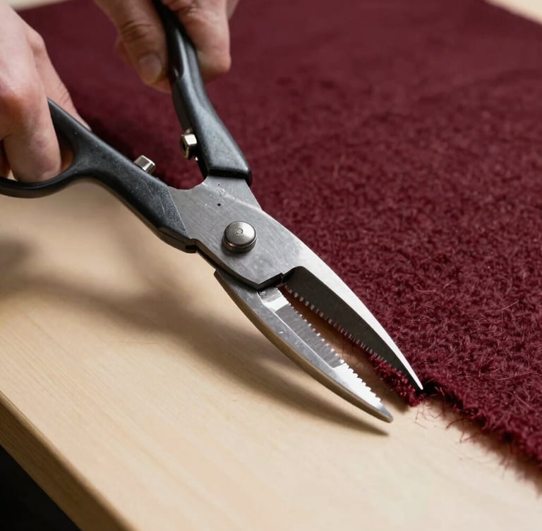 Extreme close-up of heavy steel shears cutting through rich burgundy wool on a warm cream drafting table, sharp directional studio light casting deep shadows.