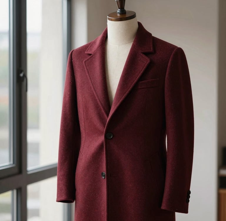 A structured wool coat in deep burgundy on a minimalist architectural mannequin, soft directional north-facing window light highlighting the meticulous seam work.