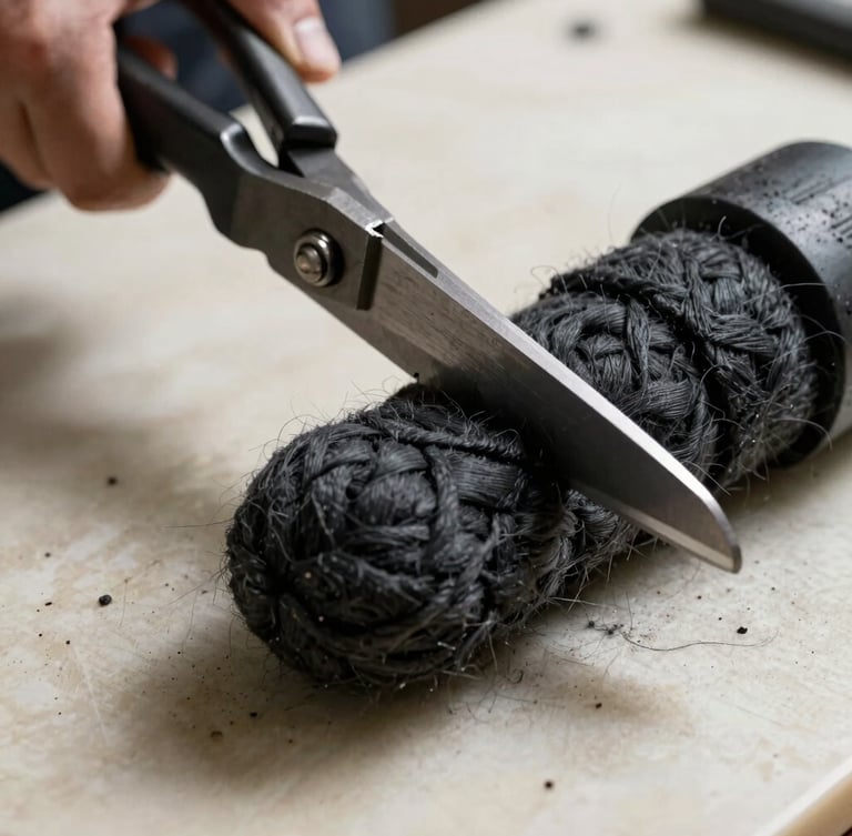 Extreme close-up of heavy steel shears slicing through raw, structured charcoal wool on a cream cutting table, dramatic side lighting casting deep shadows.