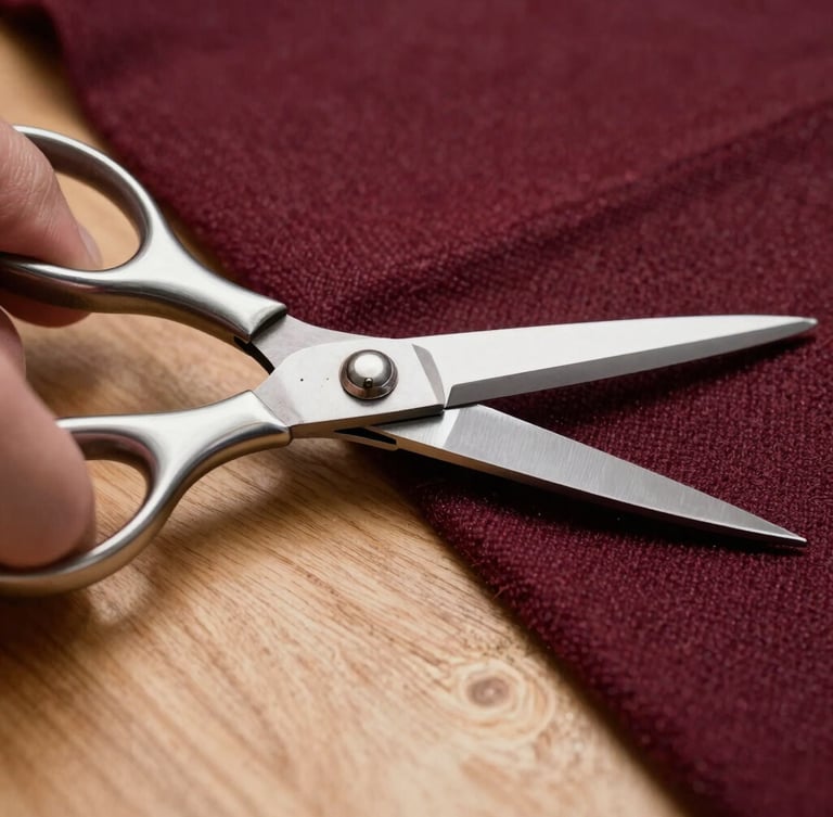 Extreme close-up of heavy silver shears cutting through rich burgundy wool fabric on a clean oak cutting table, high-contrast studio lighting with deep shadows