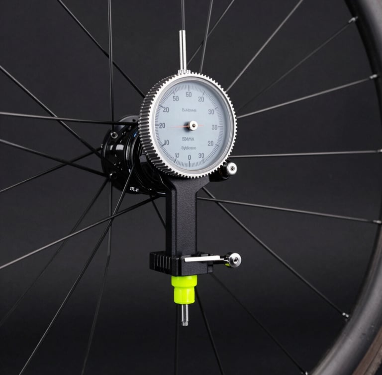 Close-up of a bicycle wheel on a professional truing stand, dial indicator in focus, neon-lime spoke nipples, dark studio setting.