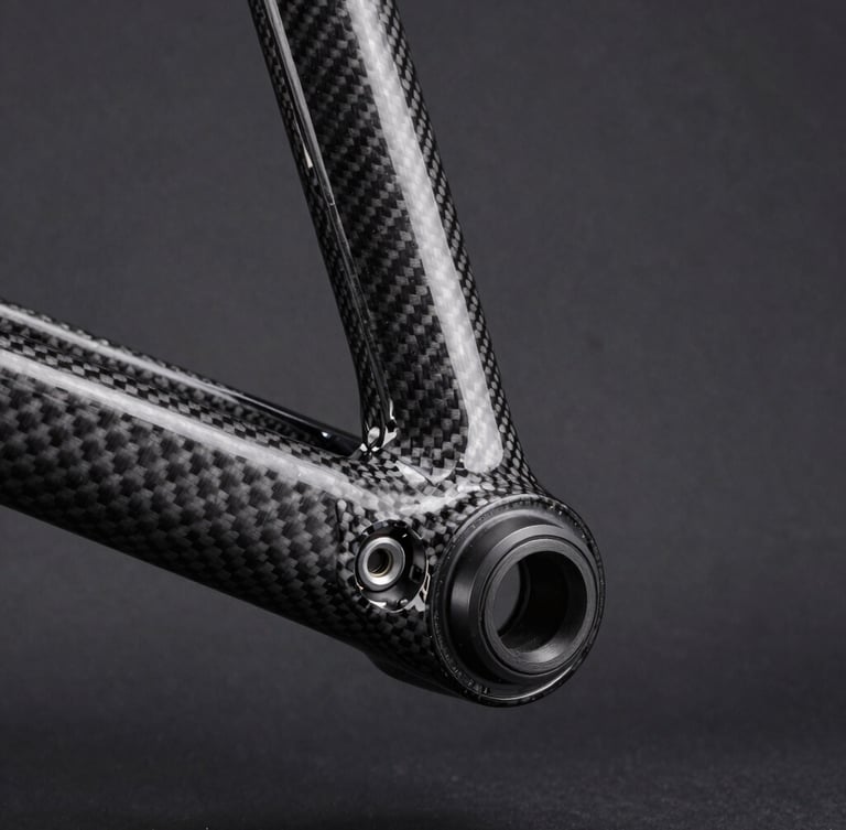 Tight macro shot of a carbon fiber bicycle frame bottom bracket, high-contrast studio lighting, deep charcoal background, sharp focus on mechanical details.