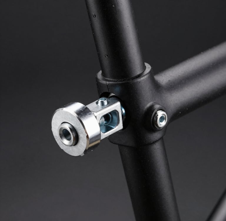 Macro photography of a mechanical torque wrench tightening a titanium bolt on a sleek black bicycle stem, sharp focus, dark background.