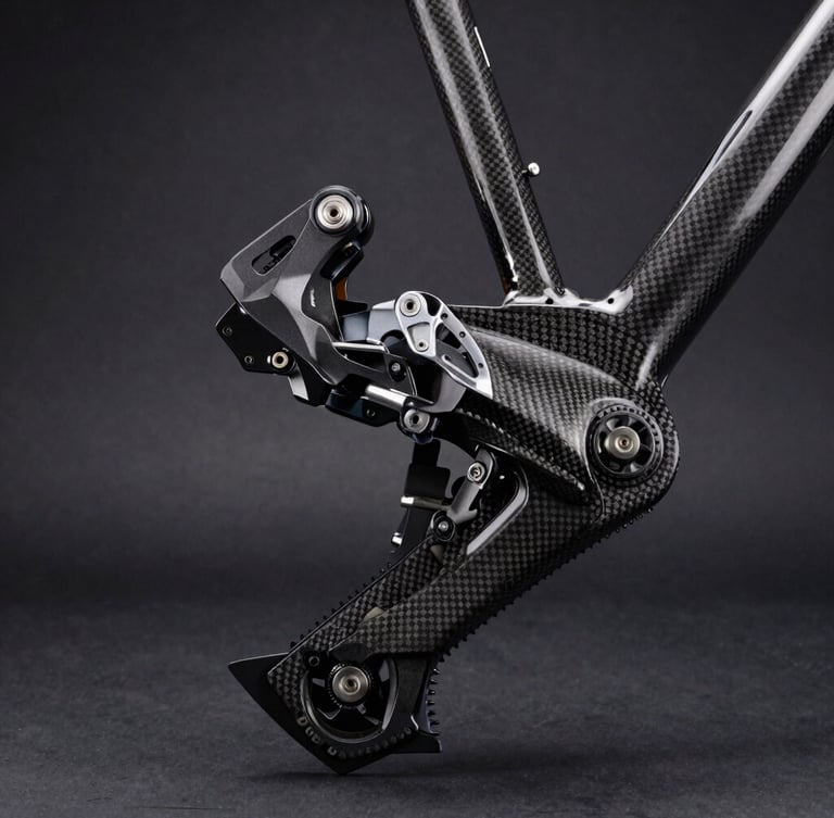 Crisp portrait shot of a mechanic adjusting a carbon fiber frame derailleur under moody studio spotlighting, focus on mechanical details.